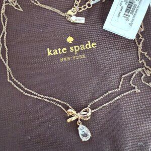 NWT KATE SPADE • Gold Tied Up Bow Double Chain Crystal Tear Drop Necklace
